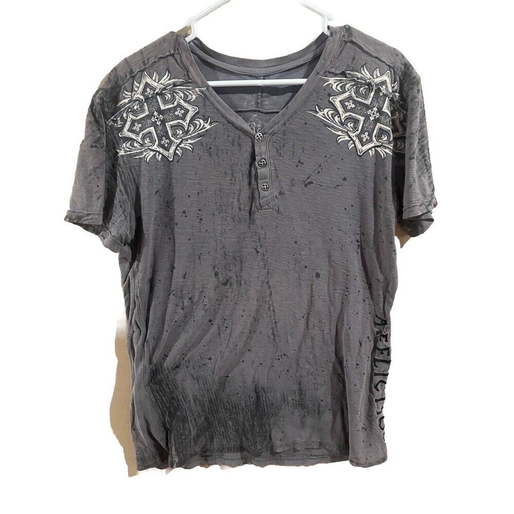 Affliction T-Shirt Mens Size L Gray V Neck Y2K Live Fast